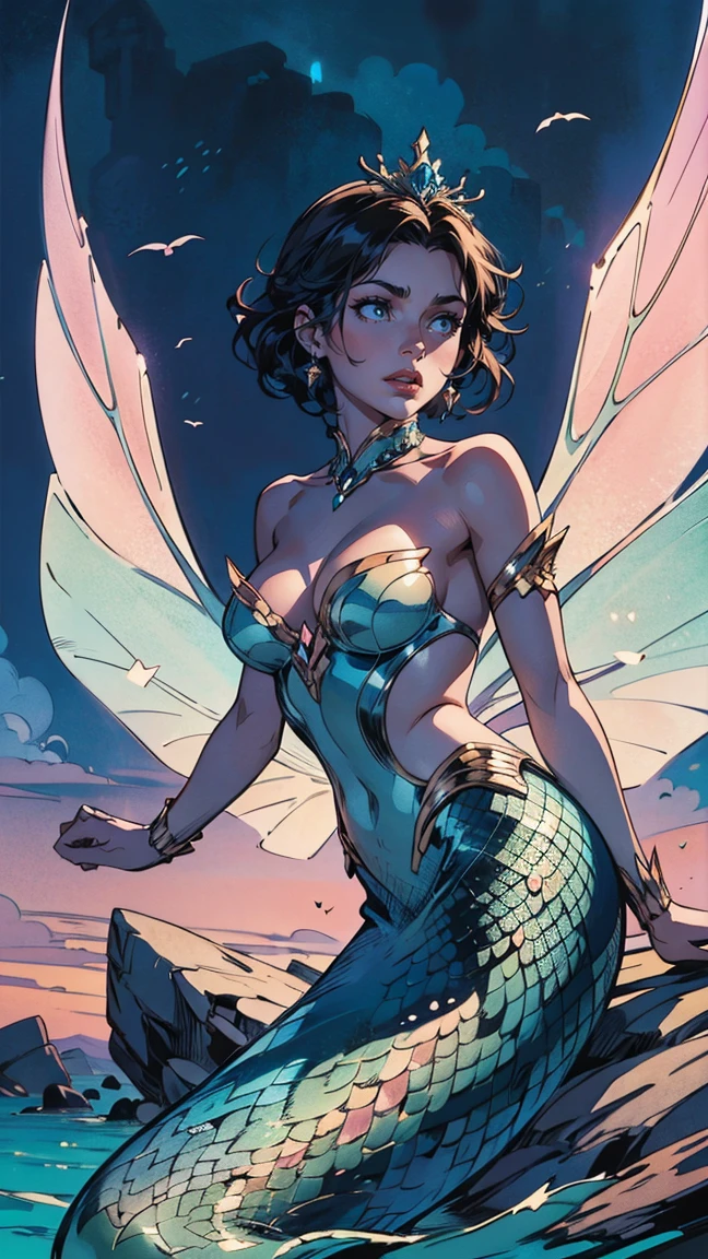 Mermaid Princess, by Tsukasa Hojo, Gradient color, best quality, masterpiece, very aesthetic, perfect composition, intricate details, ultra-detailed