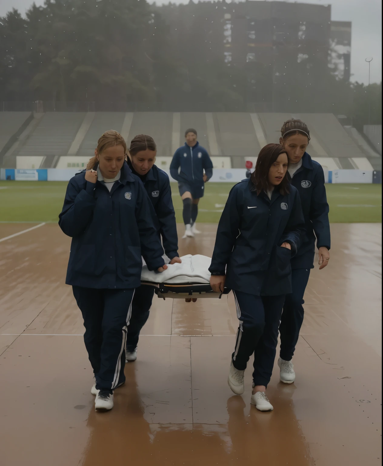 a soccer scene in a sports stadium, cool and wet weather conditions, humide ground, rainy sky, injury scene in a sports stadium, stretcher carry, there are four female medics carrying a stretcher, there are four female medics in very shiny coats who are carrying a stretcher in a sports stadium, there is a wounded male soccer player in a matte short cotton sports outfit lying on the stretcher, an injured male soccer player in matte cotton sportswear is lying in pain on a stretcher, a soccer player in matte cotton sports clothes is rearing up in intense pain while lying on a stretcher, dramatic scene, theatralic posing scene, dramatic pity scene, injury soccer, first aid, help, pity, there are four female medics in wetlook high-shine coats who are looking very sad and very terrified and very shocked, the injured soccer player is screaming out in pain while he is carried from the pitch on a stretcher