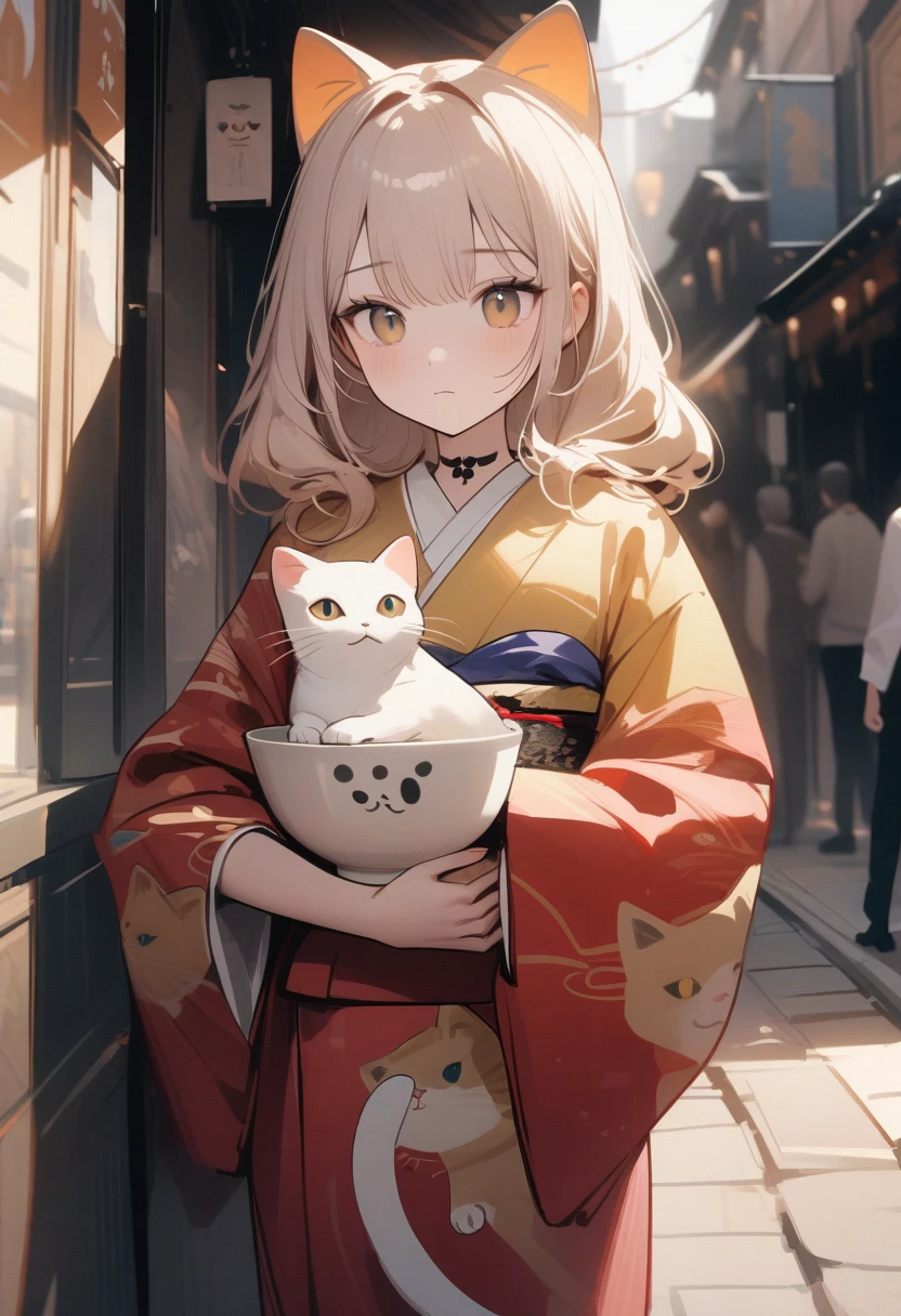 ((work of art)), ((best qualityer)), (very detailled), ((very detailled)), 4K, (8k), very aesthetic, Absurdities Highres, 1 girl, (anthropomorphic cat, velues, kimono:1.5), a skinny and sad kitten with a bowl in his hand, in street. It&#39;s raining and cold