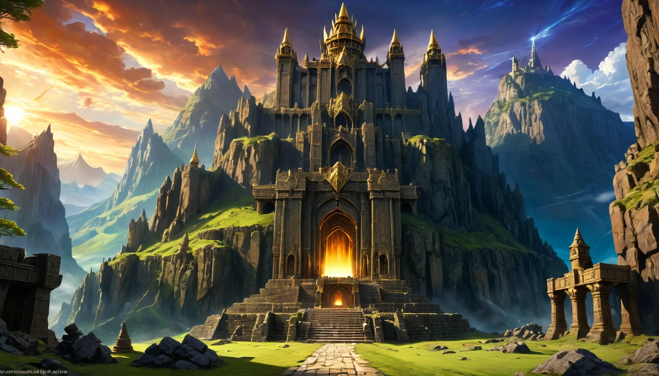 (anime, fantasy, kingdom of heaven), (best quality, highres, HDR:1.2), a mountain with a castle in the background, stone colossus remains, the entrance of Valhalla, irori place, dwarven architecture, iron smelting pits, stunning arcanum backdrop, giant grave structures, ancient brass dwemer ruins. dramatic lighting, vibrant color, detailed landscape, intricate, ethereal beauty