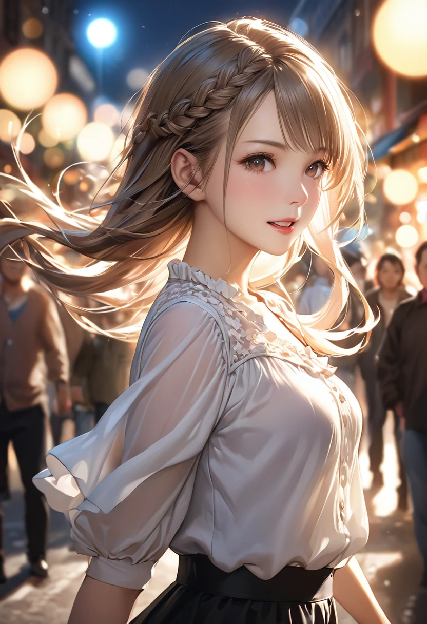 Highest quality, Realistic, 1peopleの女の子, woman,(Skin Dentition), Mid-chest, (bright), (Professional Lighting, Bokeh), (street), people々, crowd, Braided bangs, (blouse:1.5), (Portrait:0.8), nice, bloom, Floating Hair, (Dynamic pose:0.6) , Soft lighting,