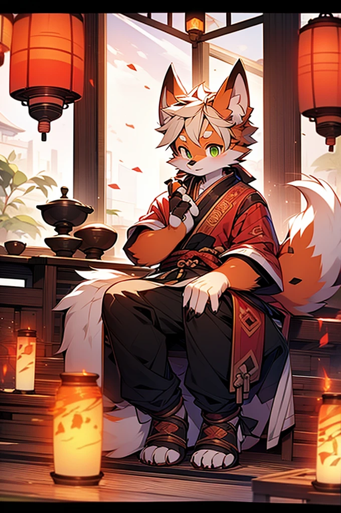 8k, Super Detail, precise, best quality,An 18-year-old fox boy sits on a mat in a teahouse,Green eyes,Flame-shaped pattern on arms,There is a fire spirit mark on the forehead,There are reddish-orange hairs, Rich plush texture, Delicate hair, Animal anthropomorphism, Fluffy fox tail, Fox ears,Wear loose Chinese clothing, Handsome face,Boys,Fine details