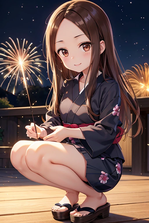 Takagi-san、Shiny brown hair, Straight Long Hair,((Medium chest、Forehead、Center part))、 Beautiful brown eyes、smile、Sparkling eyes, (fine grain)、Very fine eye、Highly detailed face, Highly detailed eyes, Cowboy Shot、 


Highest quality、masterpiece、High sensitivity、High resolution、Detailed Description、((Sparkler、yukata,squat))、Wearing clogs、,  