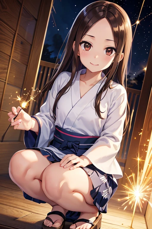 Takagi-san、Shiny brown hair, Straight Long Hair,((Medium chest、Forehead、Center part))、 Beautiful brown eyes、smile、Sparkling eyes, (fine grain)、Very fine eye、Highly detailed face, Highly detailed eyes, Cowboy Shot、 


Highest quality、masterpiece、High sensitivity、High resolution、Detailed Description、((Sparkler、yukata,squat))、Wearing clogs、,  
