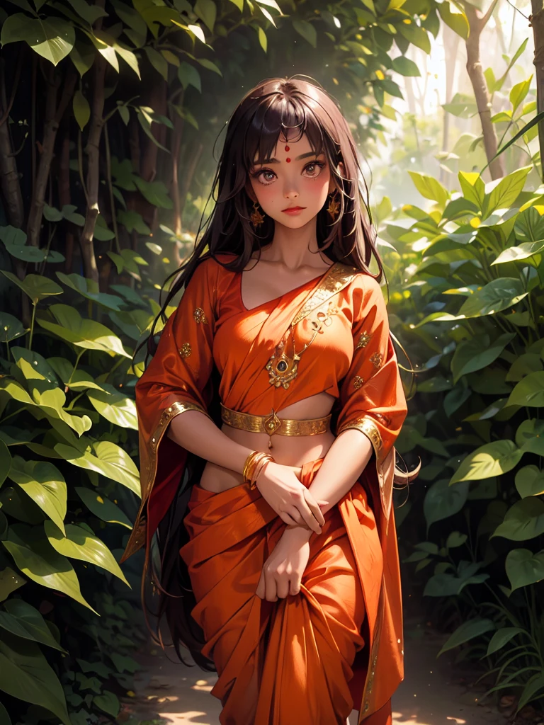 A Sanatani Hindu young woman in vibrant traditional orange Sanatani saree, standing in the midst of a mystical forest, And Hindu temple behind her