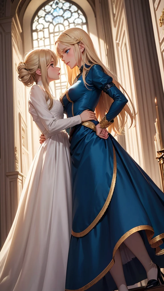 Characters:
Sofia: blond hair, blue eyes, dressed in an elegant dress that matches her eyes and hair, noble looking.
Chico: DARK hair, green eyes, elegant and noble clothing, protective and charming appearance.
scene:
Sofia está a punto de caer, with an expression of surprise and fear on his face. The boy grabs her by the waist at the last moment, preventing him from falling. They both stare into each other's eyes, Sofia con una mezcla de agradecimiento y sorpresa, and the boy with a protective and charming expression. The background is an elegant room, suitable for nobility.