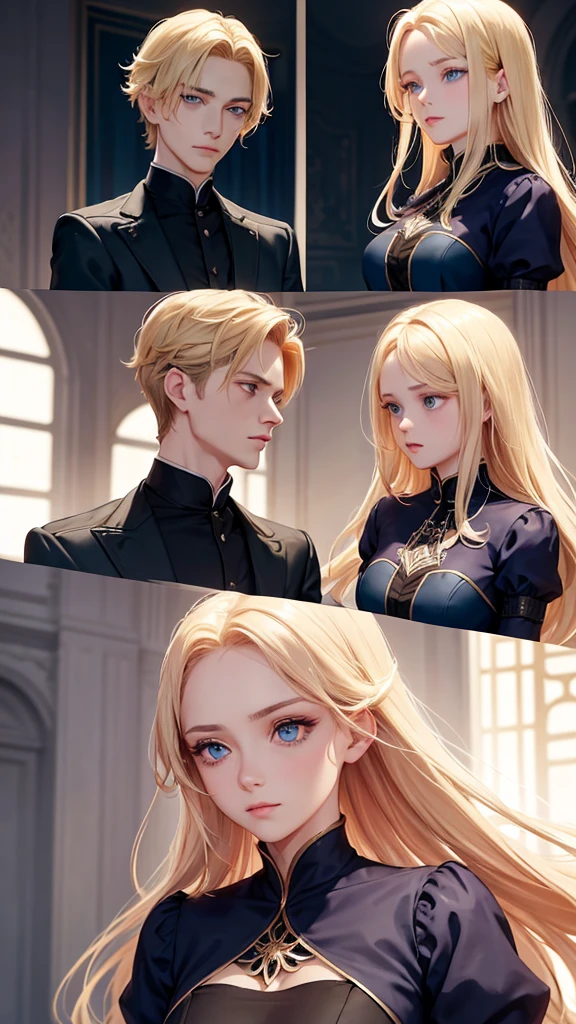 Characters:
Sofia: blond hair, blue eyes, dressed in an elegant dress that matches her eyes and hair, noble looking.
Chico: DARK hair, green eyes, elegant and noble clothing, protective and charming appearance.
scene:
Sofia está a punto de caer, with an expression of surprise and fear on his face. The boy grabs her by the waist at the last moment, preventing him from falling. They both stare into each other's eyes, Sofia con una mezcla de agradecimiento y sorpresa, and the boy with a protective and charming expression. The background is an elegant room, suitable for nobility.