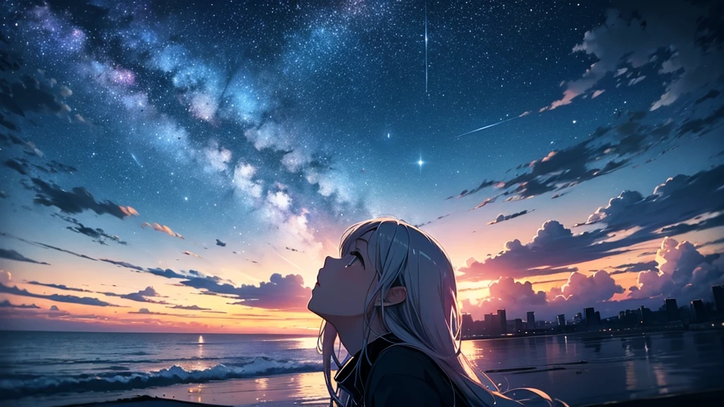 Sky clouds:1.3,summer,Looking up,night,Star,sunny,Night,cloudy day,Telephoto,Simple colors,Looking up,Looking up图,Beautiful anime scene, Beautiful sky ,Empty Space,nobody