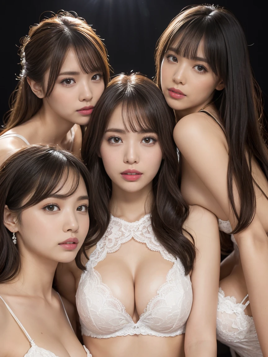 (Highest quality、Tabletop、8k、Best image quality、Award-winning works)、(((Group photo of three beautiful women:1.4)))、Perfect composition、(Huge breasts:1.2)、(Large protruding breasts:1.2)、(Long and wide chest:1.2)、(Fluffy udder:1.2)、clavicle、(Perfect lace transparent nightgown:1.1)、(Chubby:1.2)、(Very moody and warm lighting:1.1)、(Top-class love hotel:1.1)、Look at me and smile、Sexy sculpture pose、Droopy eyes、Perfect Makeup、Ultra-high definition beauty face、Ultra HD Hair、Ultra-high definition sparkling eyes、Ultra-high quality glossy lips、Accurate anatomy、Very beautiful skin、Ultra-high definition, radiant skin