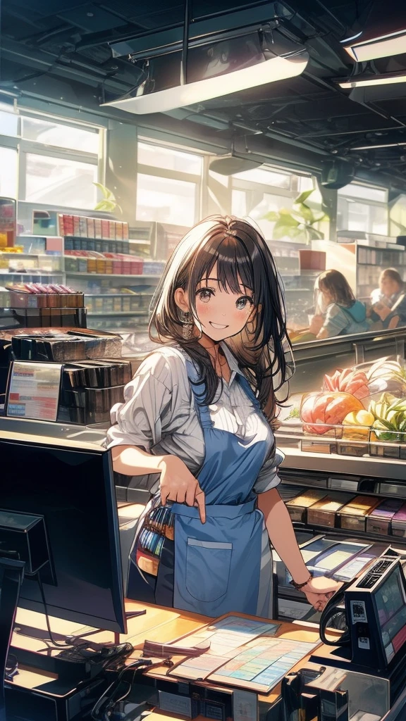 young woman,Facing forward,smile,((Standing inside the cash register)),Touching the cash register machine,Customer Service,((There is a cash register on the table)),(Scanning product barcodes at the cash register)),Supermarket clerk,Wearing an apron,uniform,((Working as a cashier)),((Cashier)),((cashier,register,)),((Receive money from customers)),There are products on the shelves,In the supermarket,Bright interior