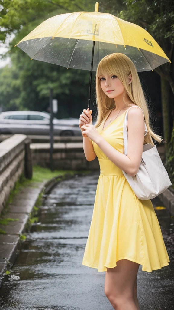 Blonde anime girl in a yellow dress,Holding an umbrella
