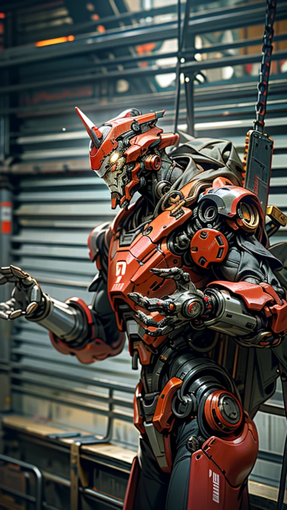 Dark_Fantasy,Cyberpunk,(chain saw,chain saw man,Red:1.1),1man,Mechanical marvel,Robotic presence,Cybernetic guardian, wearing a worn-out mech suit, intricate, (steel metal [rusty]), elegant, clear focus, shot by greg rutkowski, soft lighting, vibrant colors, masterpiece, ((street)), cowboy shot, dynamic pose,