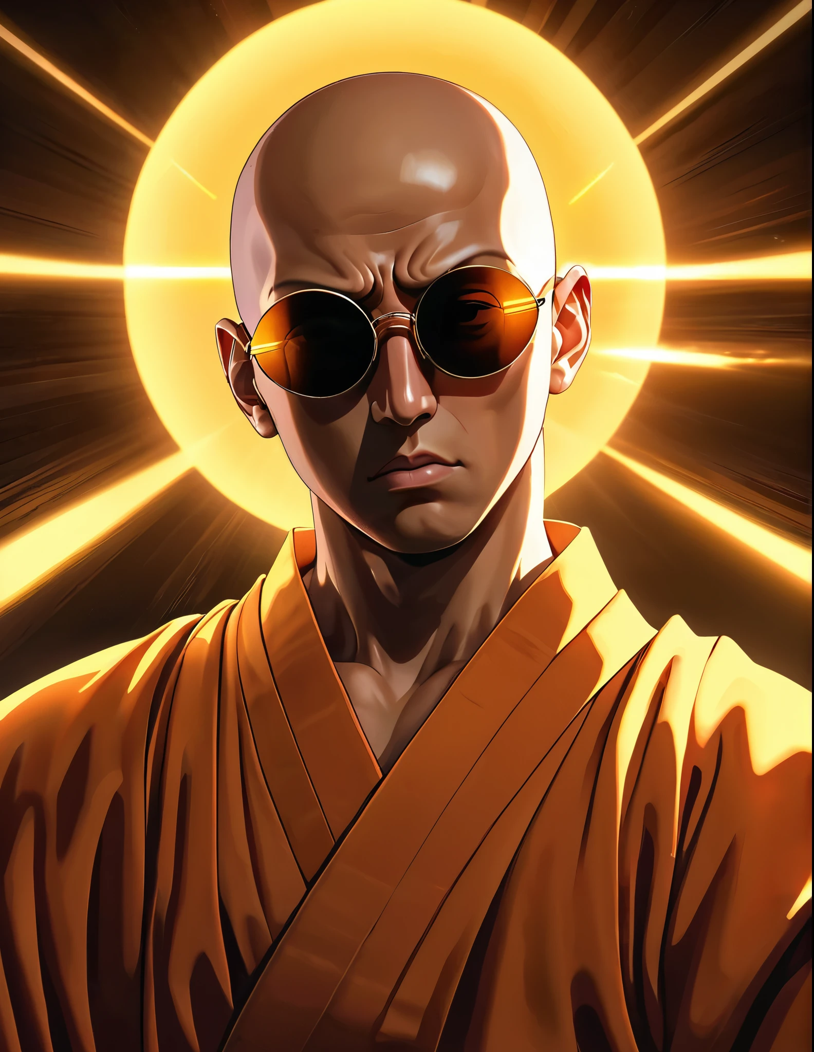 1 person, Japanese monk, small, Round sunglasses,Hero of Justice, Thin stubble, Exorcise evil spirits, One Punch Man,Visual novel, Latest Eroge Style, Dutch Angle, Shadows in the movies, Cinema Lighting, Lens flare, Spectacular sight, Very detailed, masterpiece, Highest quality