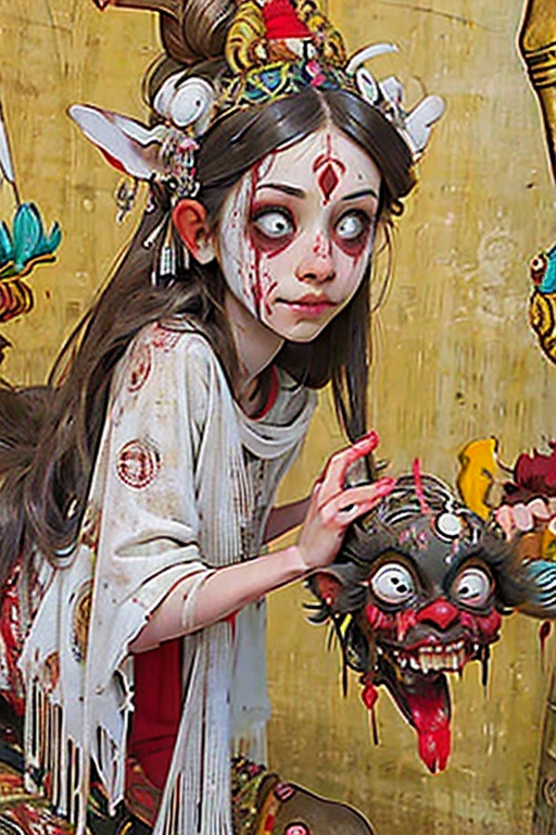 ((Girl with a Balinese monster on her head)), Creepy, (Horror elements), Creepy , (primitive art), old picture scroll style,Ancient mural style