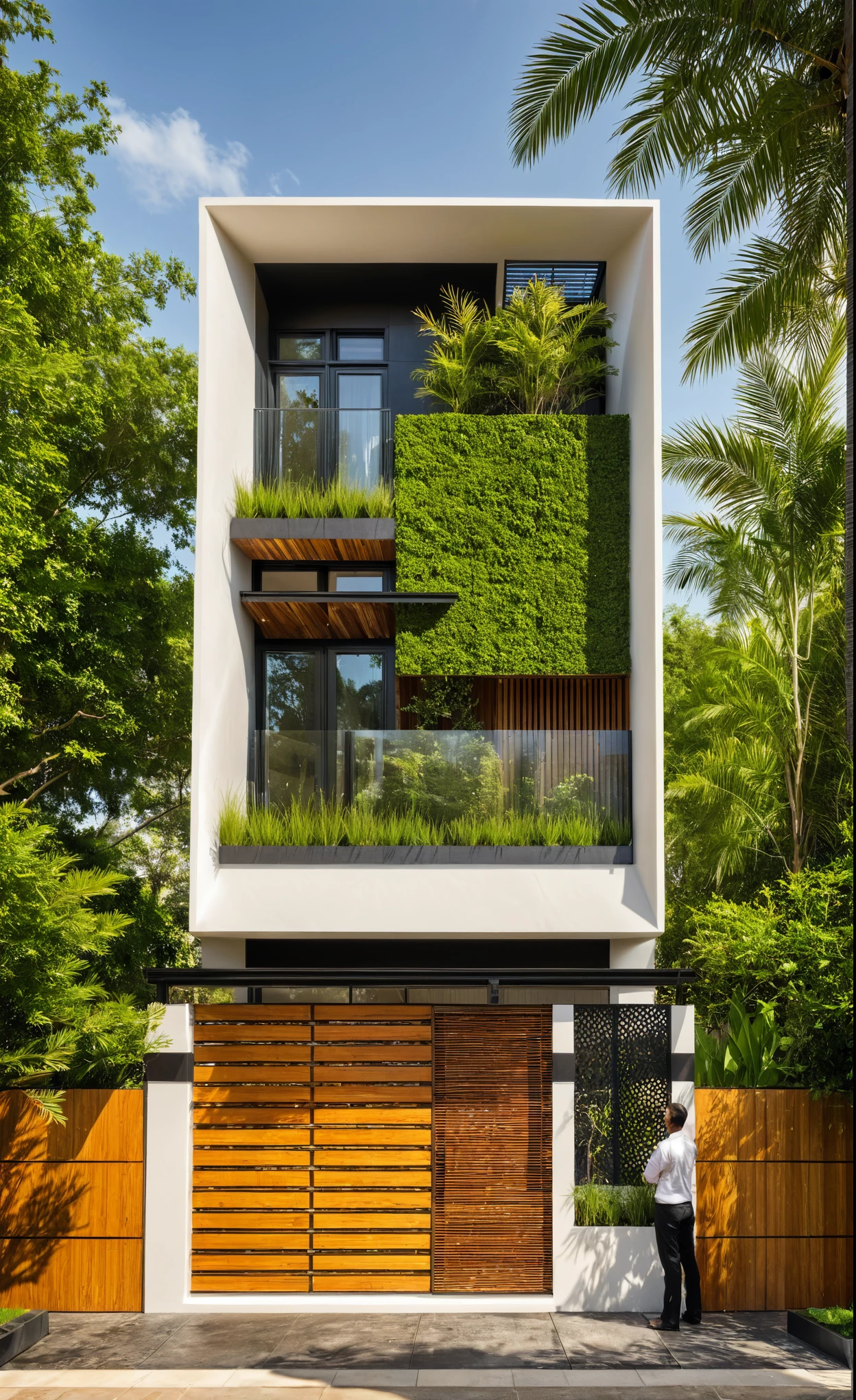 A high and narrow 3-storey house with a modern design, featuring a steel gate and wooden details. The exterior is painted white and the front wall has many curves. The house has windows on all sides, and a (wooden ceiling:1.2). The materials include black steel and wood. The 1st floor has trees growing in the middle columns, surrounded by tropical vegetation. The scene is captured from a 24mm angular view, with soft, natural lighting highlighting the textures and materials, casting gentle shadows that accentuate the curves of the front wall and the wooden details.