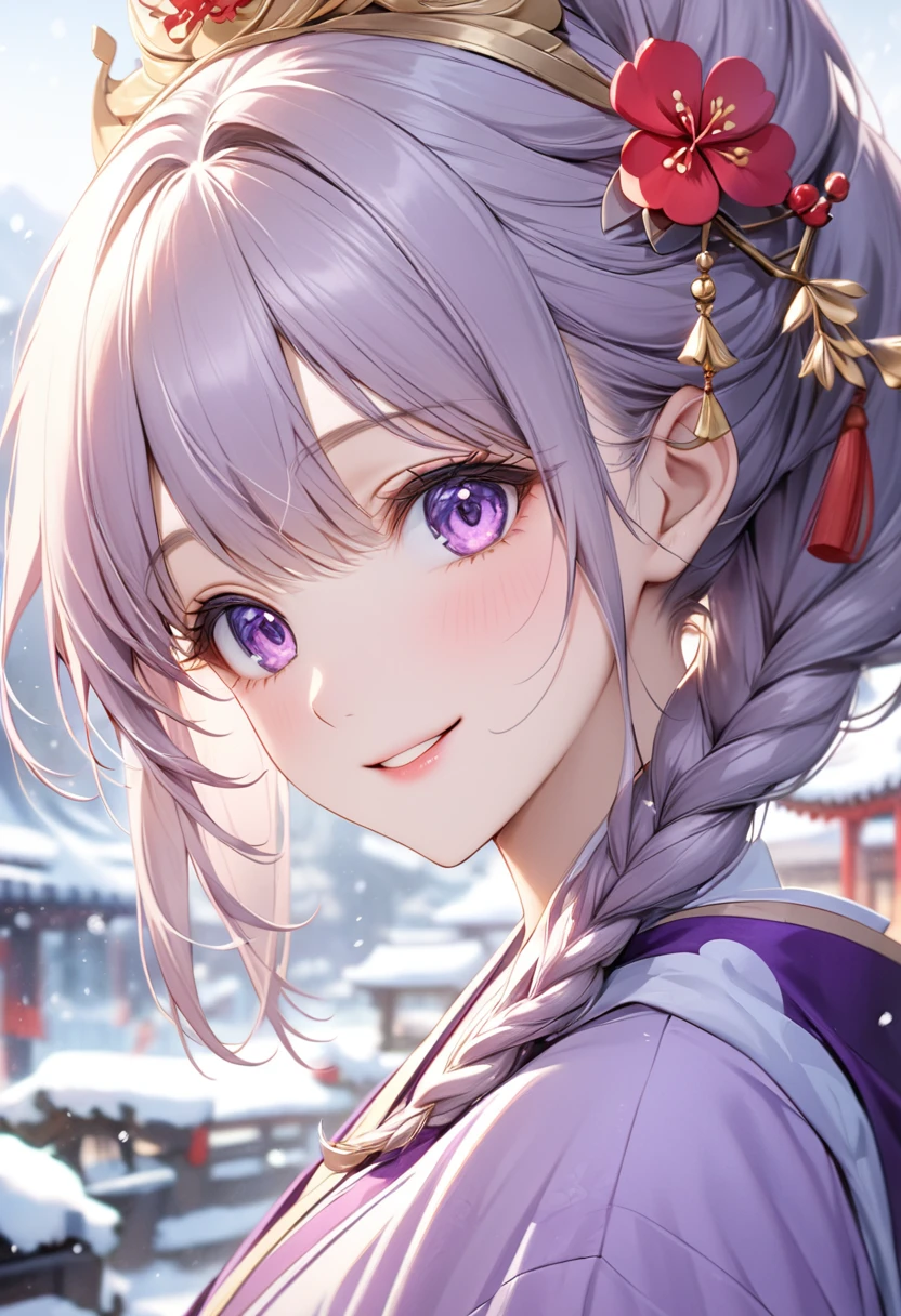 Bright purple Taoist robe, Hanfu long skirt, big eyes, masterpiece absolute beauty, 1 woman, close-up. Close-up, healing smile, snow scene, 4K picture quality, twisted braid, princess hairstyle princess cut, simple hair accessories, plum blossoms, people can't forget the beauty when they see it