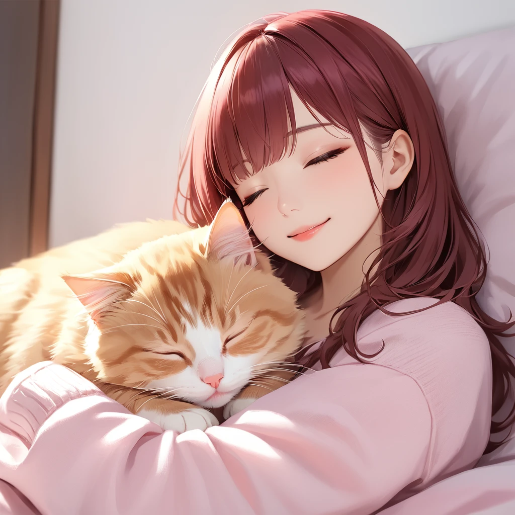 masterpiece, Highest quality,Girl who sat down,Mischievous smile,少女の横で子犬とKitten sleeping,(Puppy sleeping),(Kitten sleeping)