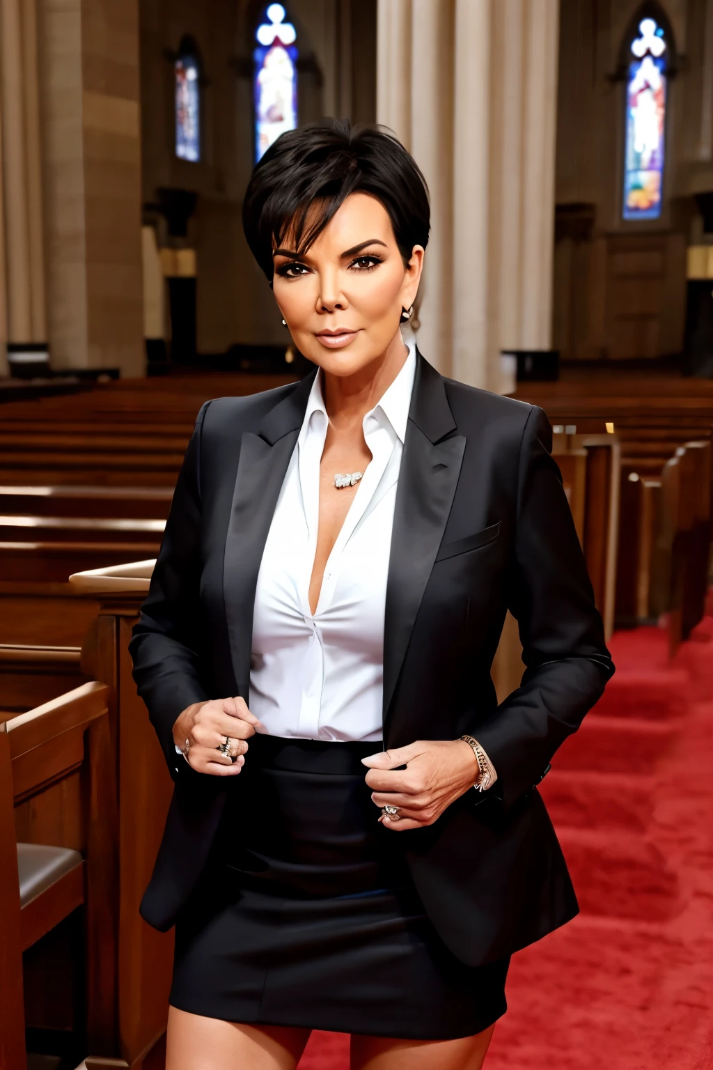 Kris Jenner wearing a tailored tuxedo-style mini skirt