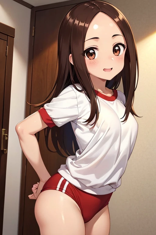 Takagi-san、Shiny brown hair, Straight Long Hair,((Medium chest、Forehead、Center part))、 Beautiful brown eyes、smile、Sparkling eyes, (fine grain)、Very fine eye、Highly detailed face, Highly detailed eyes, Cowboy Shot、



(Hunchback, While taking off her bloomers, She turned around.), Big Breasts, (White gym clothes, Short sleeve, Red Bloomers), 
There are some beautiful older women, brm, High quality facial beauty, Make a surprised expression, locker room, Glowing Skin, Fine skin,