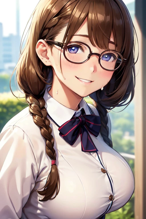 (high quality, High resolution, fine details), Pavement, View from the side, Alone, Girl, light brown hair in braids, School uniform, sparkling eyes, (Large round frame glasses), (detailed eyes), big breasts, ((gentle smile)), blush, sweat, oily skin, (focus face), shallow depth of field