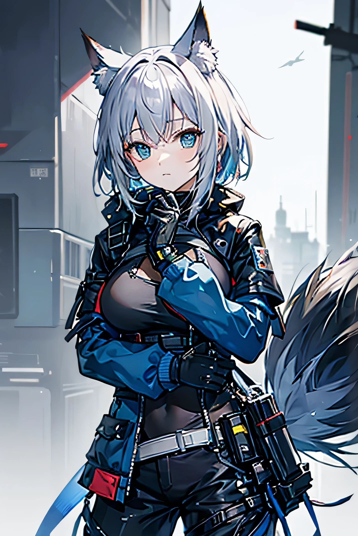 Arknights Art Style, Arknights World,Wolf Girl,Wolf Year,Fluffy tail,short hair,Gray Hair,Green Eyes,Mature Body,Big Breasts,Wearing a black and blue jacket,tactical pants,Tactical Gloves,