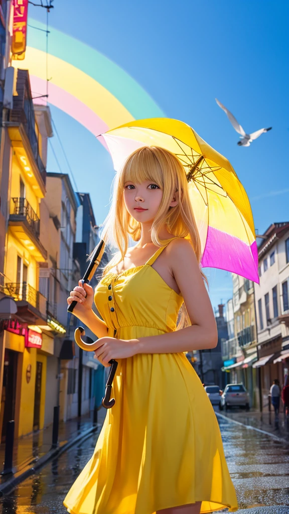 Blonde anime girl in a yellow dress,Holding an umbrella,rainbow