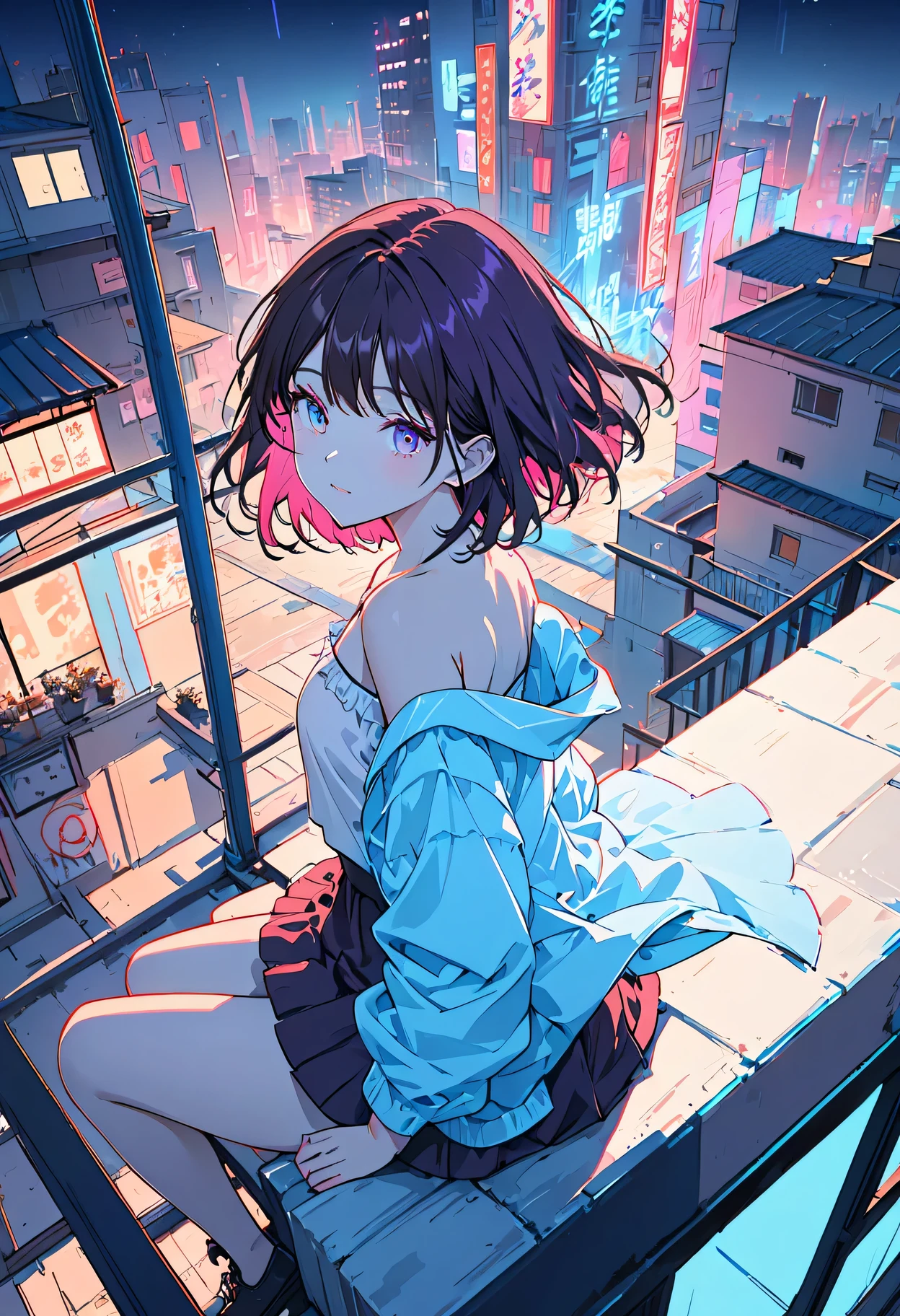 masterpiece,best quality,1 synthesizer wave style girl,blue outline,Street with neon lights,Blue fluorescent coating,alone,from above,cowboy shot,sit on top of the building,Highly detailed CG,flat color,limited palette,Nolin Art,silhouette,Partially colored,alternative color,dynamic angle, angle seen from the side, blue long umbrella,Dark purple shadows,synthesizer wave,chromatic aberration,(alone focus),perfect shadow,dressed for school,Wear an off-shoulder floating jacket as outerwear.,delicate face,bare shoulders,brown short hair, beautiful and delicate eyes,delicate background,blue neon light, You can see the night view as well