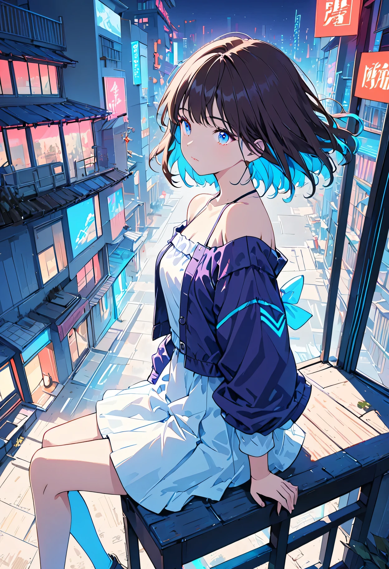 masterpiece,best quality,ynthesizer wave style girl,blue outline,Street with neon lights,Blue fluorescent coating,alone,from above,cowboy shot,sit on top of the building,Highly detailed CG,flat color,limited palette,Nolin Art,silhouette,Partially colored,alternative color,dynamic angle, angle seen from the side, blue long umbrella,Dark purple shadows,synthesizer wave,chromatic aberration,(alone focus),perfect shadow,dressed for school,Wear an off-shoulder floating jacket as outerwear.,delicate face,bare shoulders,brown short hair, beautiful and delicate eyes,delicate background,blue neon light, You can see the night view as well