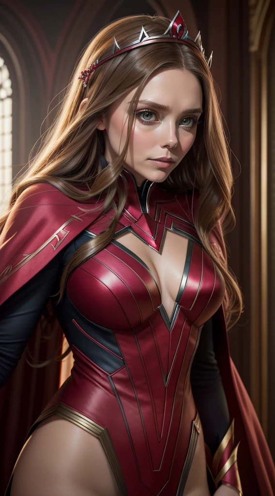 Elizabeth Olsen, Linda, Scarlet Witch Cosplay, photo by full body, scarlet witch tiara, (best qualityer) (detail) (8k) (HD) (wall-paper) (cinematic lighthing) (sharp focus) (intrikate), Ultra high resolution, photo realist, full - length portrait, detailed skin texture, highly detailed skin, face detailed,