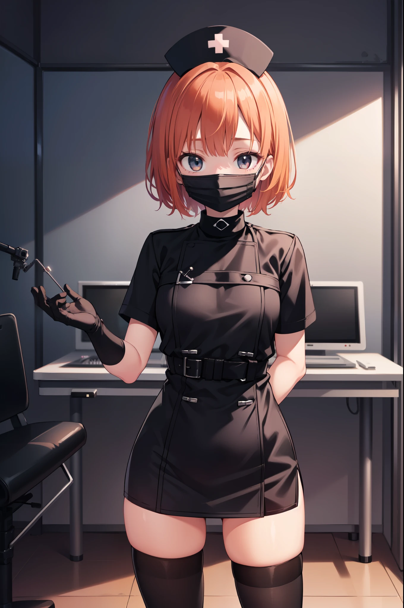 black nurse, 1girl, solo, black nurse cap, black nurse uniform, ((black legwear, zettai ryouiki)), black elbow gloves, very short hair, orange hair, ((black surgical mask, covered nose)), standing, ((surgery room)), sharp outline, short sleeves, tomboy, boyish, best quality, masterpiece