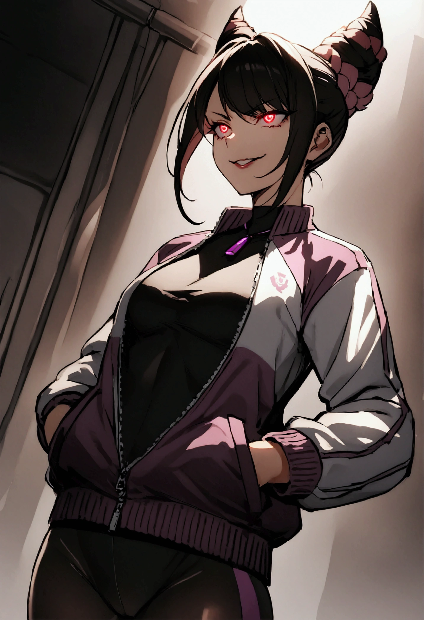 beautiful young fitness woman with , in a gym wearing May with black pantyhose, tight white and purple gym jacket. standing alone,hair horns,red eyes glowing,Evil smile,legging preto ,labiaa,dark eye shadow,shining eyes,hands in our pockets,neckleace,jacket zipper half open,Tight black shirt
