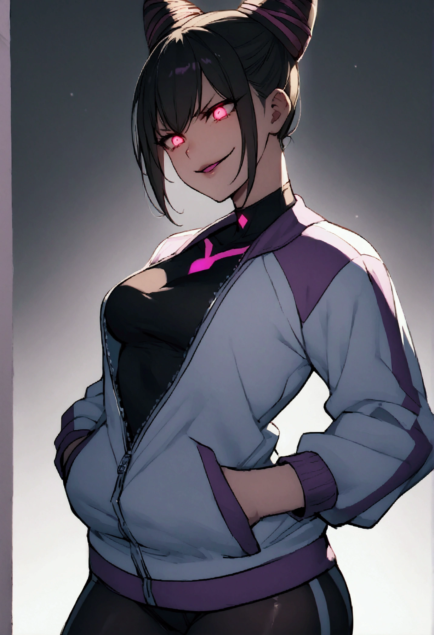 beautiful young fitness woman with , in a gym wearing May with black pantyhose, tight white and purple gym jacket. standing alone,hair horns,red eyes glowing,Evil smile,legging preto ,labiaa,dark eye shadow,shining eyes,hands in our pockets,neckleace,jacket zipper half open,Tight black shirt