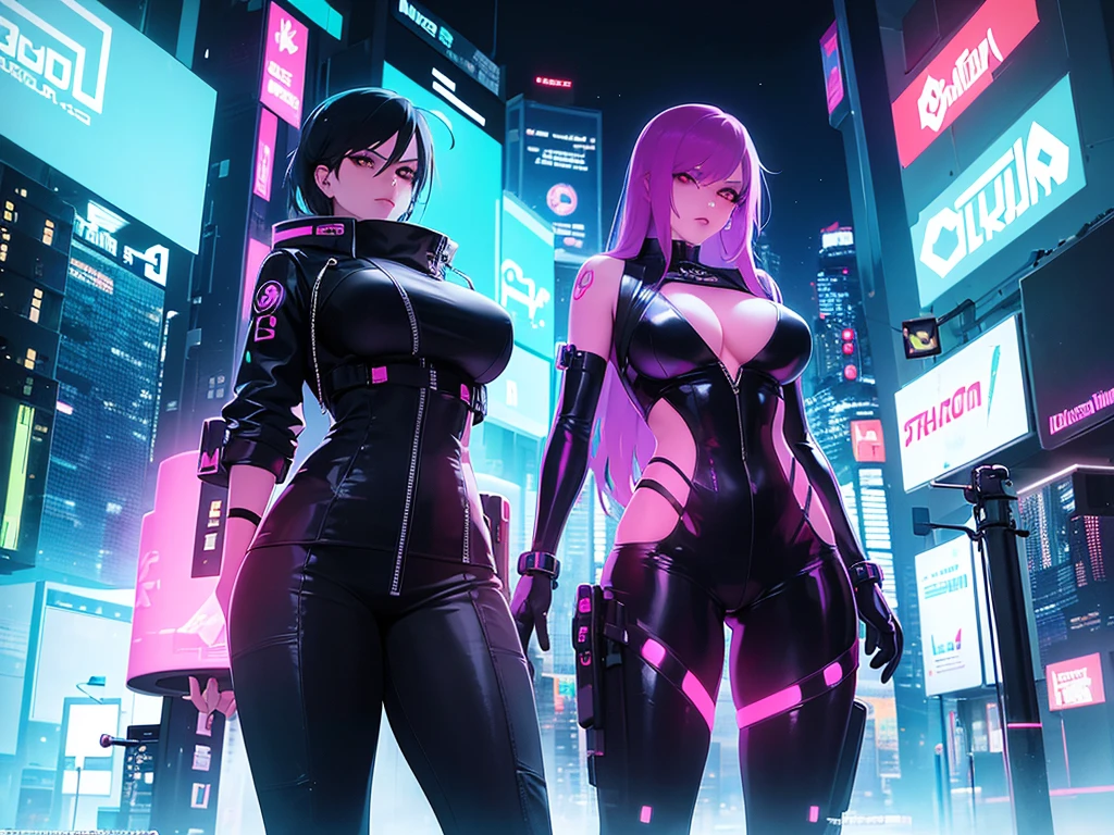 cyberpunk style of a woman in a sexy outfit, with neon lights and a futuristic cityscape in the background, cinematic composition, trending on ArtStation.