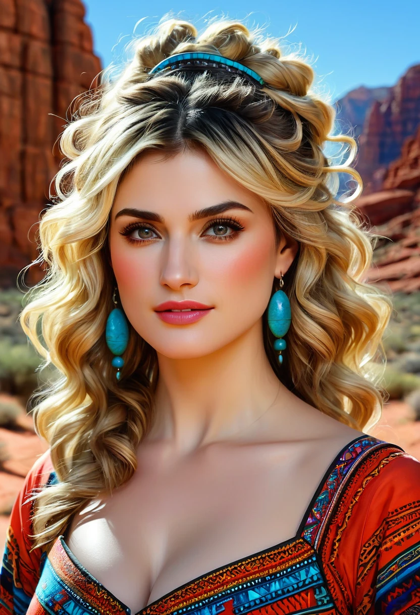 Beautiful boho women stunning merge of Idina Menzel with colorful southwestern style dress. colorful southwestern earing and. jewelry, blond colored hair that is coarse, wiry, and tightly curled. It often has a rough texture, feels stiff to the touch, and may be prone to frizz and tangling. The curls can be densely packed. cute, girly, sexy. The Official Art – An Award-Winning Digital Masterpiece In 4K Ultra HD, Extreme Detail And Intricate Realism. symmetrical face. This Concept Art Brought To Life By The Hands Of Artists Like Wlop & Artgerm In A Stunning 2D Vector Illustration. large, perky, full, vuluptious, symmetrical and spherical breasts. Background is a beautiful panoramic vista of a red rock canyon.