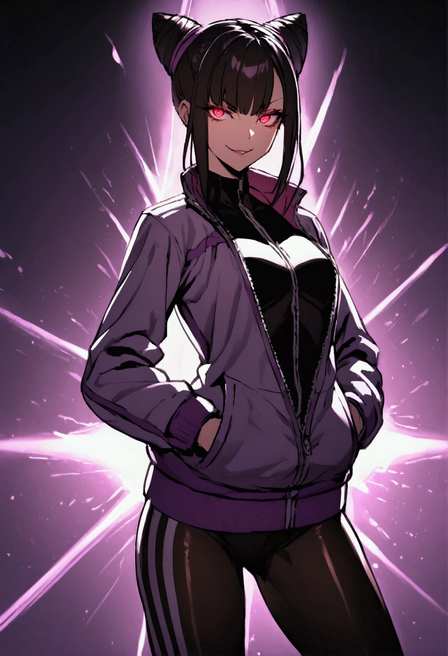 beautiful young fitness woman with , in a gym wearing May with black pantyhose, tight white and purple gym jacket. standing alone,hair horns,red eyes glowing,Evil smile,legging preto ,labiaa,dark eye shadow,shining eyes,hands in our pockets,neckleace,jacket zipper half open,Tight black shirt
