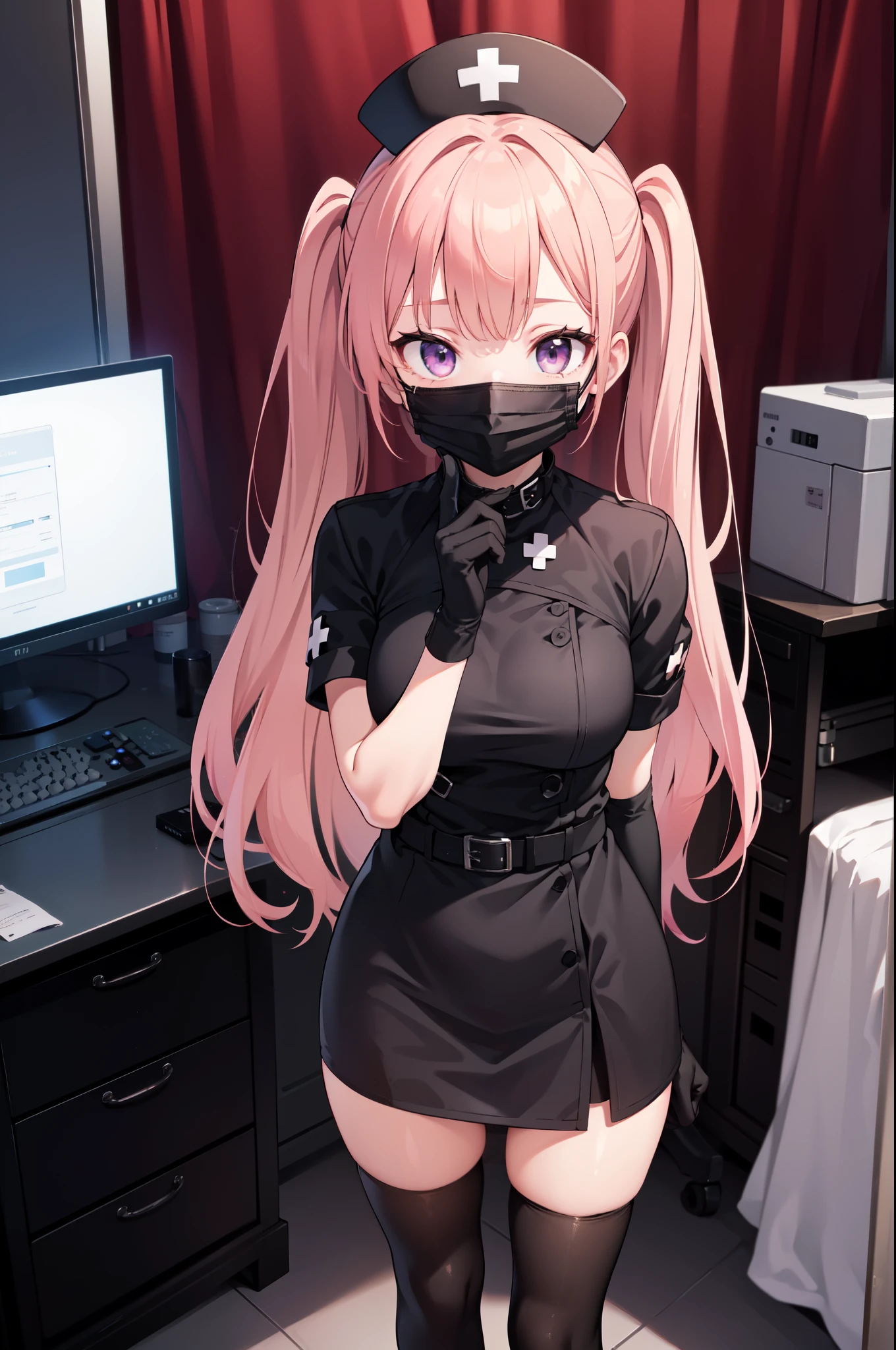 black nurse, 1girl, solo, black nurse cap, black nurse uniform, ((black legwear, zettai ryouiki)), black elbow gloves, twintails, yellow hair, purple eyes, ((black surgical mask, covered nose)), standing, ((surgery room)), sharp outline, short sleeves, best quality, masterpiece