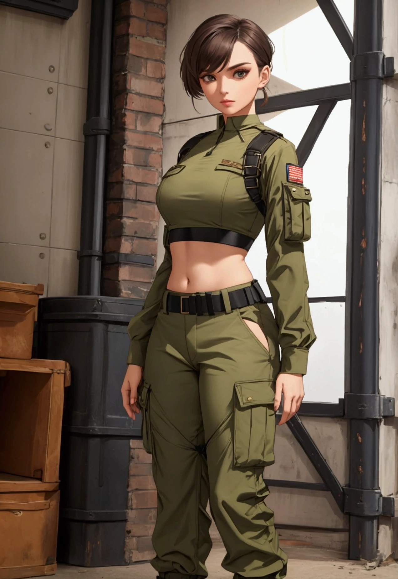 merula, full body, thighs, boots high heels, solo girl, medium tits, military camouflage pants, belly, top strapless