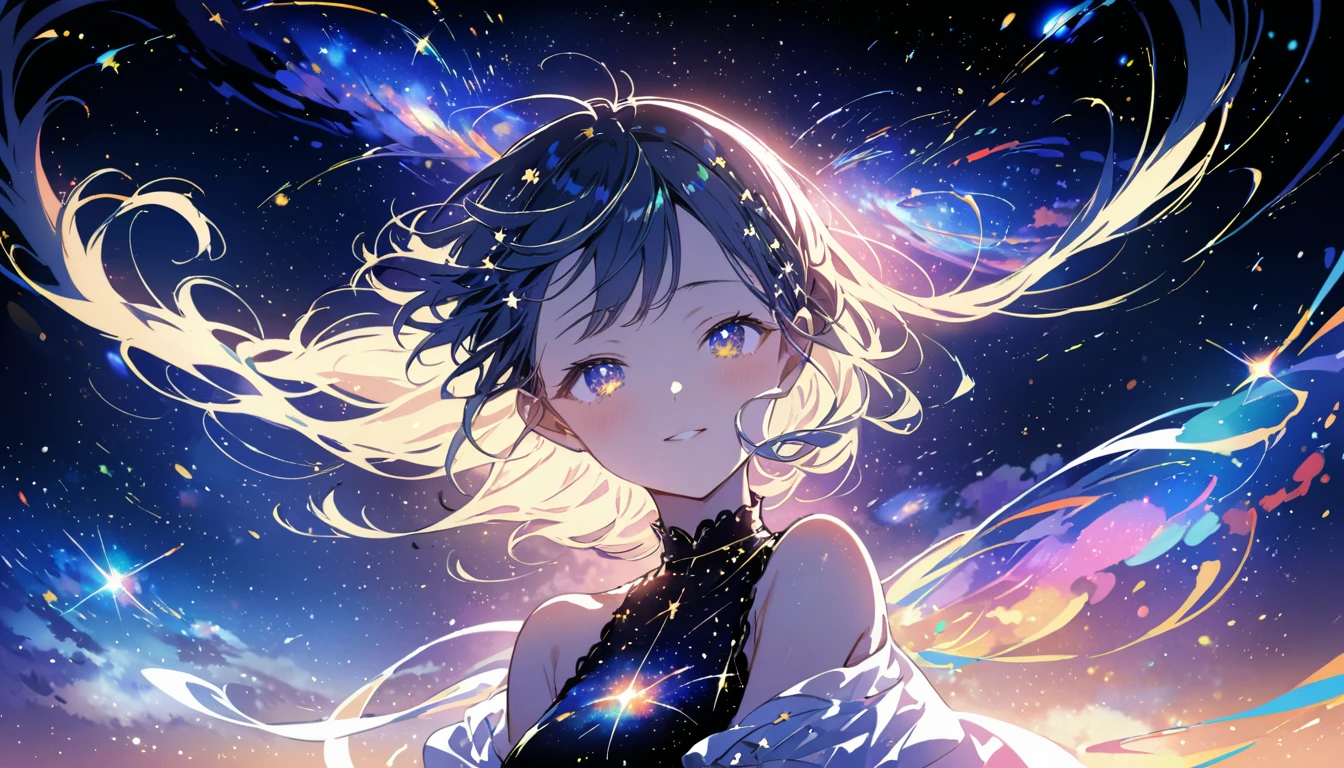 Attention to detail, Super Detail, Ultra-high resolution, Girl having fun in a dream galaxy, Surrounded by stars, The warm light that shines on her, The background features a starry sky with colorful galaxies and galactic clouds, The stars fly around her, Delicate face, Add fun ,