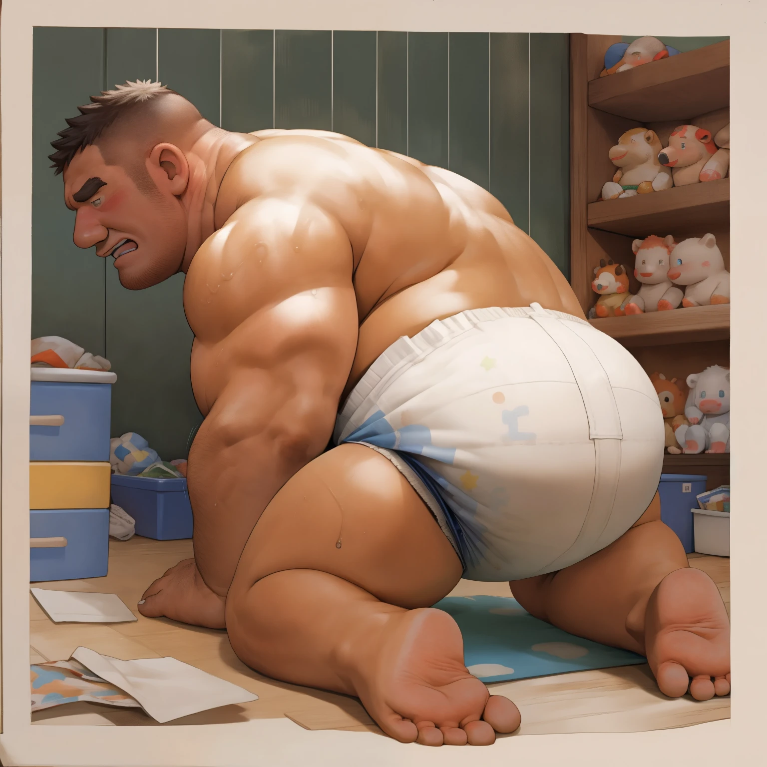 masterpiece, Top quality, in 32K, perfect anatomy, hyper detailed, super fine illustration, The thick man is a brutal prisoner, retarded, hairy human, 50yo in Japan, (fatness: 1.0), Fatty muscle, Bowleg, disappointment, incontinent, be diaper check by children, waddle, There is a small puddle under him, incontinent, Naked, short legs, Bowleg, spread legs, wear a White cloth Diaper, Bare belly, Bare legs, Bare foots, Bare soles, Shirtless, wide forehead and short thinning hair, Man with round face with stubble, Bare foots, Bare soles, shy, sissy, Weaker than children, Drool, Round face, steams, Solo, He enters nursery school and is despised by children, He surrounded by children, His bottom is wet, Bare foots, big butt, he is scolded by the children, White Diaper, He surrounded by children, sobbing, wear a White cloth Diaper, shirtless, There is a small puddle under him, He enters nursery school and is despised by children, big butt, sobbing, He crawling to go to children, on all fours, side view