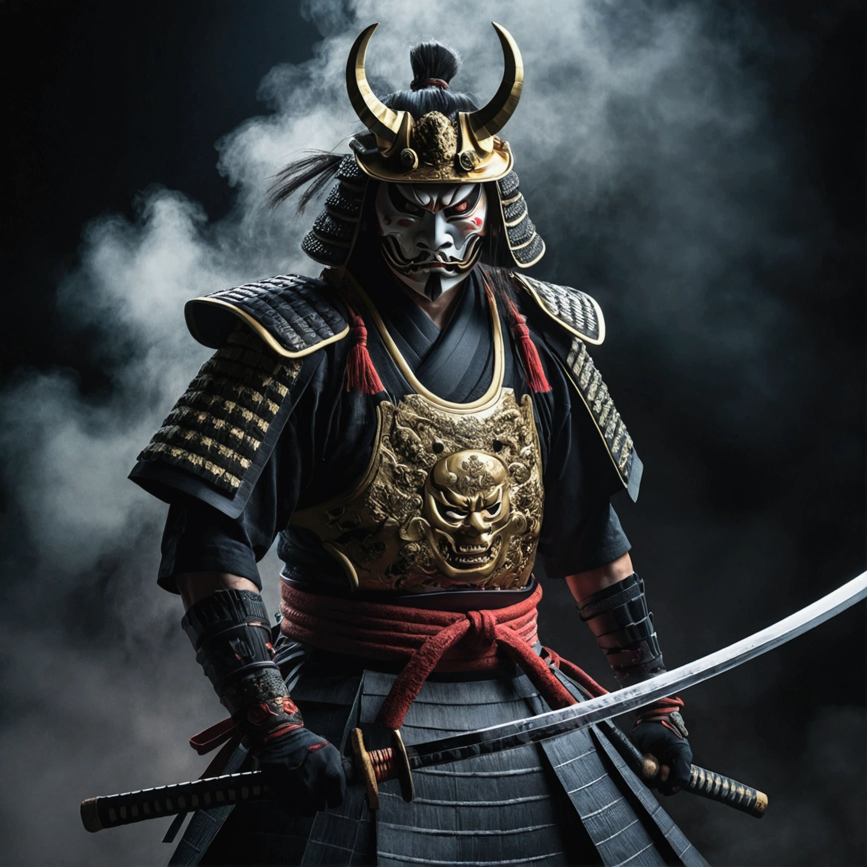 high quality, 8k, hyper detailed, photorealistic, intricate details, dark moody atmosphere, traditional japanese samurai in demonic mask, katana sword, full body pose, ready for battle, dark mist surrounding, realistic, cinematic lighting, dramatic shadows, intense expression, powerful presence