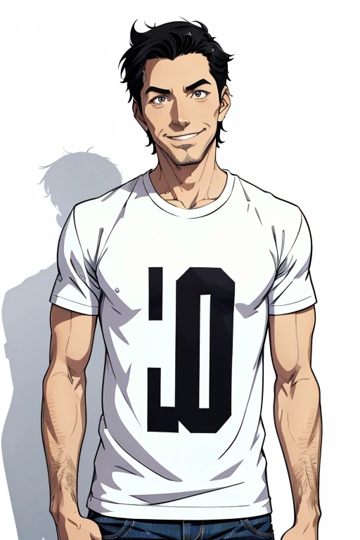 masterpiece,One man,Black Hair,Short Hair,kind,Father,Stand up straight,40 years old,front,White background,Anime Style,smile,Plain T-shirt,denim,Looking straight,slim,frontを向いている,Stubble