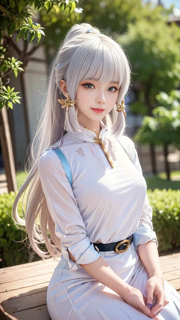 ((best quality, 8K, masterpiece :1.3)), Clear focus :1.2, 24 years old beautiful girl，Perfect body :1.4, Original Photography、Ultra-high resolution, best quality, 超HD, (Reality:1.4), Detailed photos, Smile, Sexy, Face the camera, (masterpiece: 1.3), (8K, Reality, best quality: 1.4), Pretty Face, (Realistic face),Beautiful hairstyle, Realistic eyes, eyes in beautiful detail, (Realistic skin), Beautiful Skin, absurd, attractive, Ultra-high resolution, Surreal, HD, Golden Ratio,Highly rated works、best quality、((Hasselblad Photo))、Delicate skin、Dynamic Angle、[:(Delicate face:1.2):0.2]、garden， ，outdoor， Smile, ((Delicate face )),(Detailed body ) , Highly Delicate face and skin texture, Delicate eyes, Double eyelids,Huge breasts, White T-shirt，masterpiece,Super narrow eyes,Ultra-fine hands,Wearing jewelry realistically, Face scaling, Perfect makeup, Ponytail，