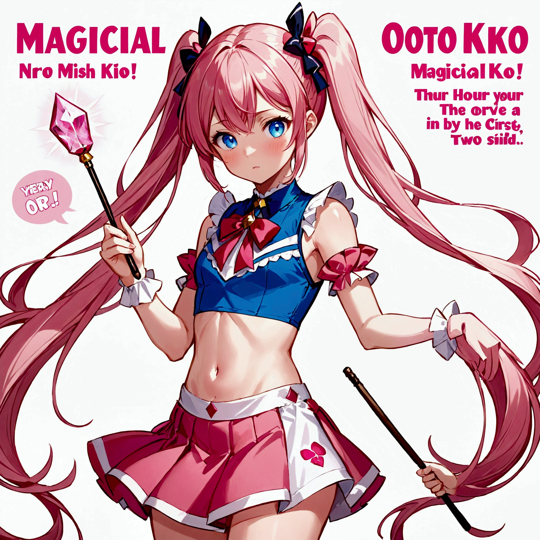 1girl, blue eyes, blush, crossdressing, detached sleeves, english text, hair ribbon, long hair, magical girl, male focus, midriff, navel, otoko no ko, pink hair, ribbon, skirt, solo, two side up, wand