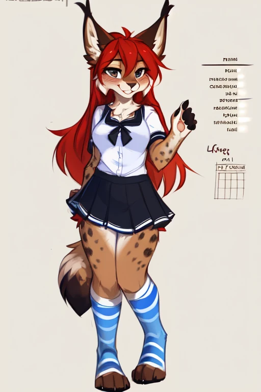 by kenket, Ross Tran, ruan jia, zaush, foxovh, by Zackary911, by hyattlen, by teranen, by fumiko, by Pixelsketcher, by Bayard Wu, by Thomas Benjamin Kennington, by Einshelm, by Kilinah, by Coffeesoda, by Hioshiru, by fluff-kevlar, bye r-mk, by Dimwitdog, (Character Reference sheet), medium breast, hips, Lineart, Sketch, lynx, long hair, solo, simple background, paw feet, school girl uniform, striped stockings, rough sketch, flat color, no shading, no lineart, anthro sheep