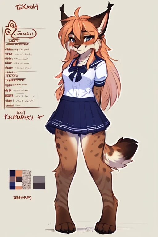 by kenket, Ross Tran, ruan jia, zaush, foxovh, by Zackary911, by hyattlen, by teranen, by fumiko, by Pixelsketcher, by Bayard Wu, by Thomas Benjamin Kennington, by Einshelm, by Kilinah, by Coffeesoda, by Hioshiru, by fluff-kevlar, bye r-mk, by Dimwitdog, (Character Reference sheet), medium breast, hips, Lineart, Sketch, lynx, long hair, solo, simple background, paw feet, school girl uniform, striped stockings, rough sketch, flat color, no shading, no lineart, anthro sheep