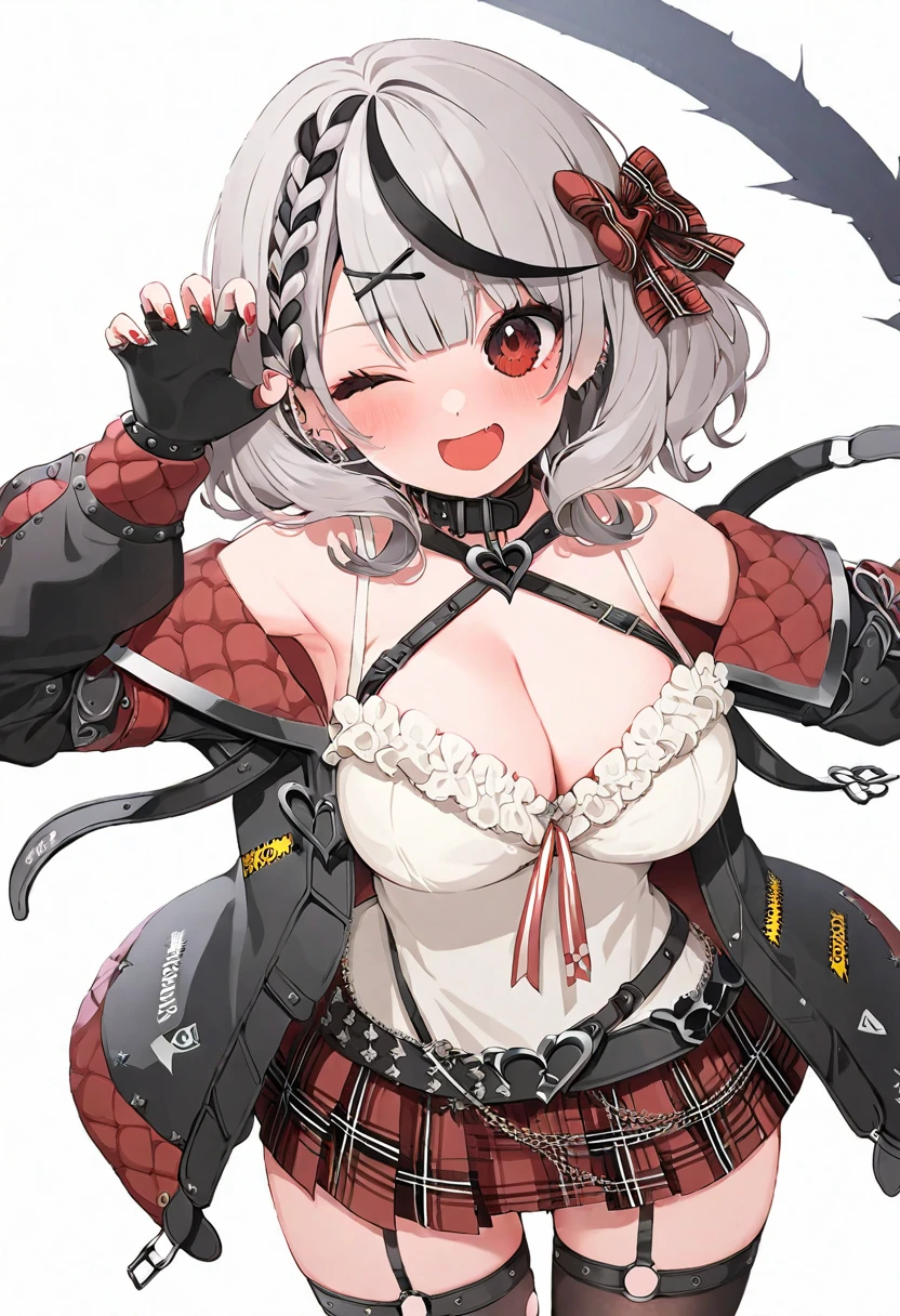 (muste piece), (best quality), (score_9, score_8_up, score_7_up), very detailed eyes, expressive eyes, perfect face, very detailed face, highly detailed face, beautiful girl, 8K, beautiful girl, white background, delicate and beautiful face and eyes, dark intense shadow, 1 girl, vtuber style, cool girl, hololive, sakamata chloe, red eyes, garter straps, fingerless gloves, torn thighhighs, grey hair, multicolored hair, plaid skirt, cleavage, x hair ornament, red skirt, black collar, white camisole, breasts, braid, black belt, medium hair, black jacket big chest, cleavage, underpants, cameltoe, big chest, (full body), one eye closing wink, claw pose, standing, from below, look down,