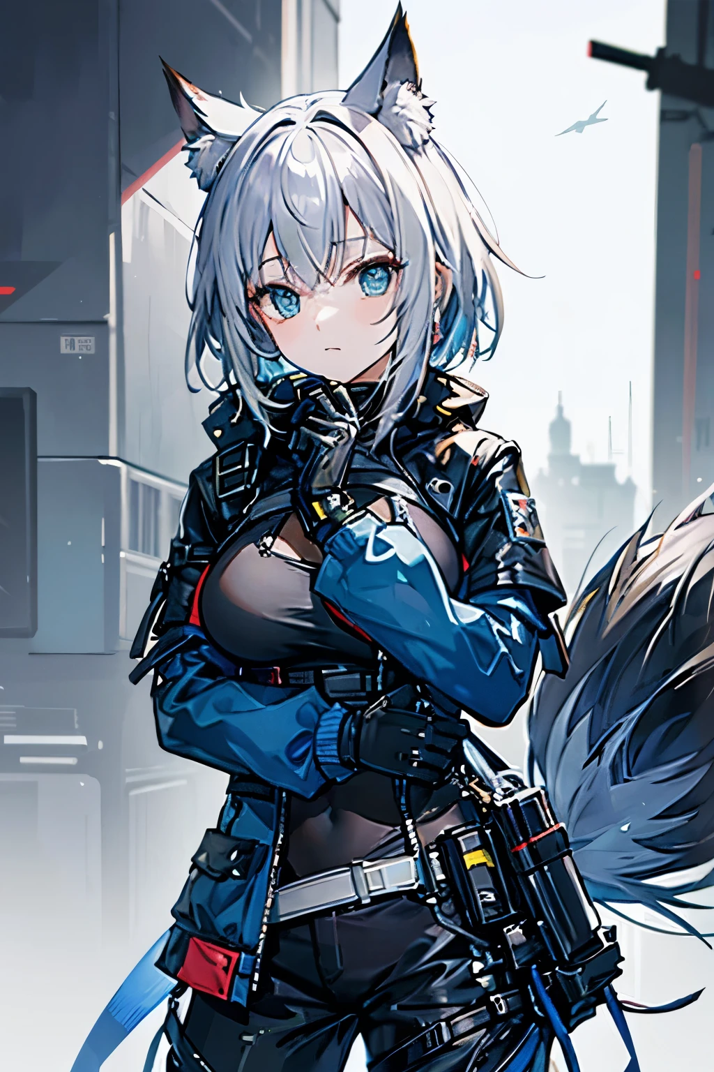 Arknights Art Style, Arknights World,Wolf Girl,Wolf Year,Fluffy tail,short hair,Gray Hair,Green Eyes,Mature Body,Big Breasts,Wearing a black and blue jacket,tactical pants,Tactical Gloves,