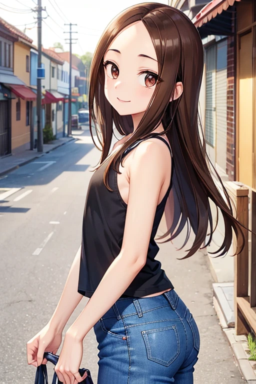 Takagi-san、Shiny brown hair, Straight Long Hair,((Medium chest、Forehead、Center part))、 Beautiful brown eyes、smile、Sparkling eyes, (fine grain)、Very fine eye、Very detailedな顔, Very detailedな目, Cowboy Shot、



2D, masterpiece, Highest quality, anime, Very detailed, One Girl, alone, 
, 
Black tank top, ((Denim pants)), Cowboy Shot, Turn around and look this way, Street City Background