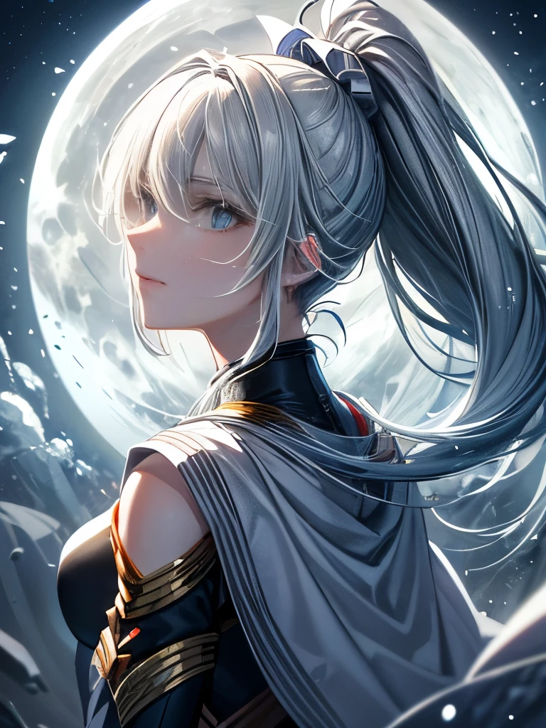 masterpiece, (Highest quality: 1.2), (Super Fine: 1.2), 8k wallpaper:1.5, (Very delicate and beautiful: 1.2), Film Angle, floating, (Beautiful detailing: 1.1), (Detail Light: 1.1), Film Light, Delicate Sky, woman, Gray Hair, blue eyes, (High Ponytail: 1.1), Cape, Glowing Eyes, (moon: 1.2), (moonlight: 1.1), Starry Sky, (Particles of light: 1.1), fog , Snow Painting, sketch, flowering