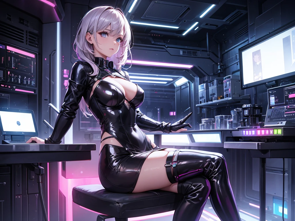  a woman in a metallic mini dress with LED lights and thigh-high boots, with a high-tech laboratory in the background, cinematic composition, trending on ArtStation.